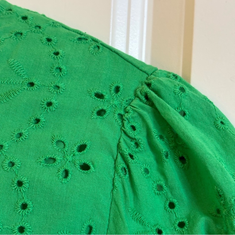 Kirundo Blouse Top Green Eyelet Bow long-sleeve textured, buttons tie-neck large - Picture 6 of 9